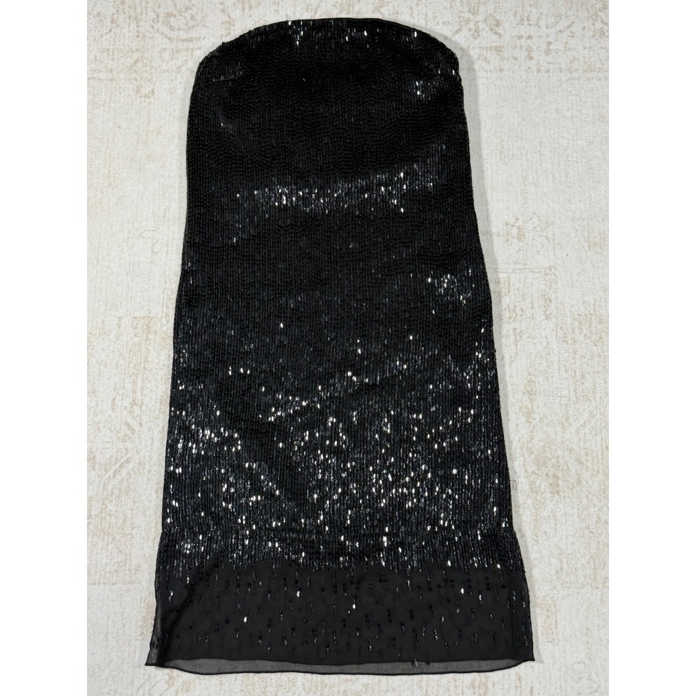 Trina Turk Black Sequin Strapless Midi Column Dress Sheer Beaded Hem Size 4